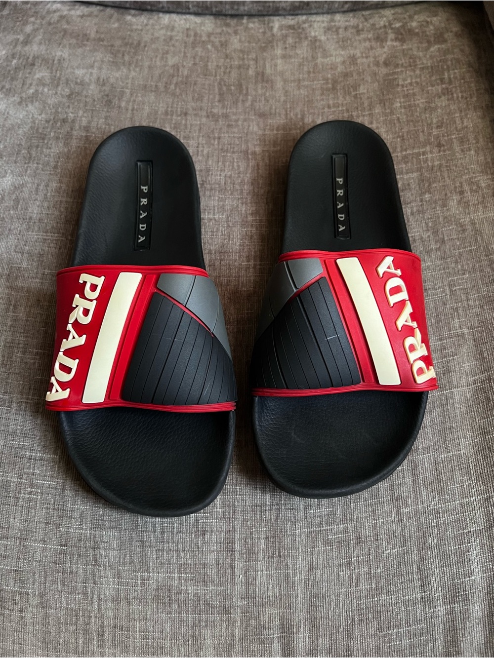 Prada Black, Red & White Men’s Logo Slide Sandals